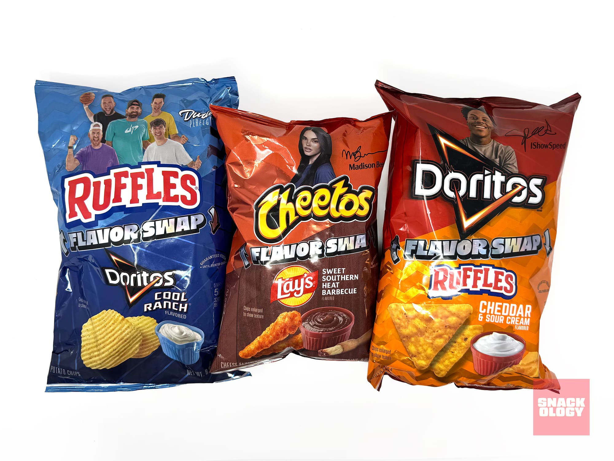 Ruffles Cheddar & Sour Cream on Doritos, Lay’s Sweet Southern Heat Barbecue on Cheetos Crunchy and Doritos Cool Ranch on Ruffles