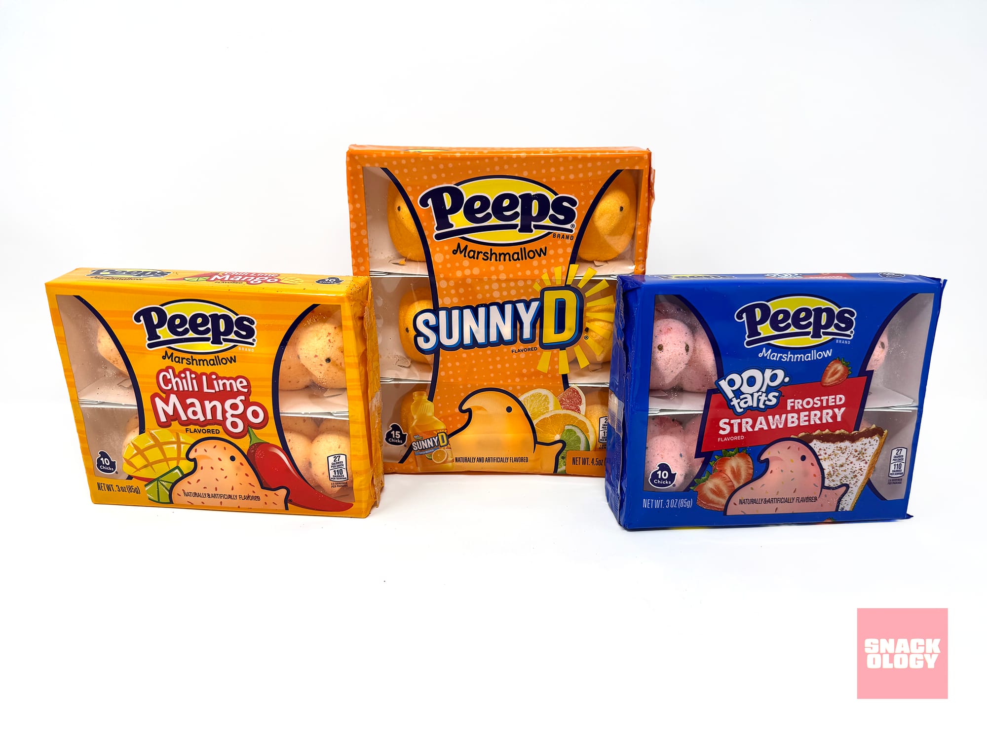 Peeps Chili Lime Mango Flavored Marshmallow Chicks, Peeps Pop-Tarts Frosted Strawberry Flavored Marshmallow Chicks and Peeps SunnyD Flavored Marshmallow Chicks packages