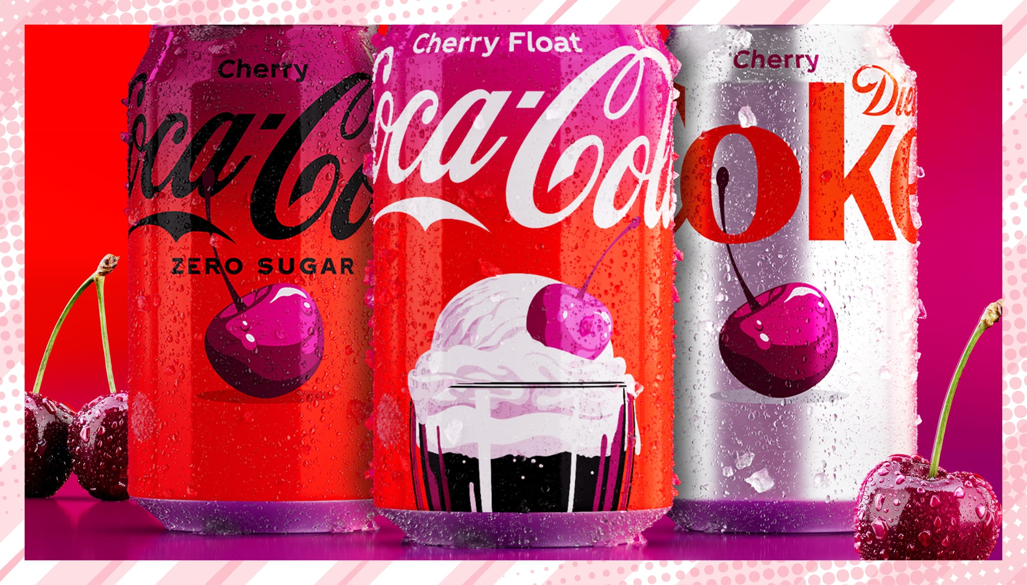 Coca-Cola Zero Sugar Cherry Float, Coca-Cola Cherry Float and Diet Coke Cherry