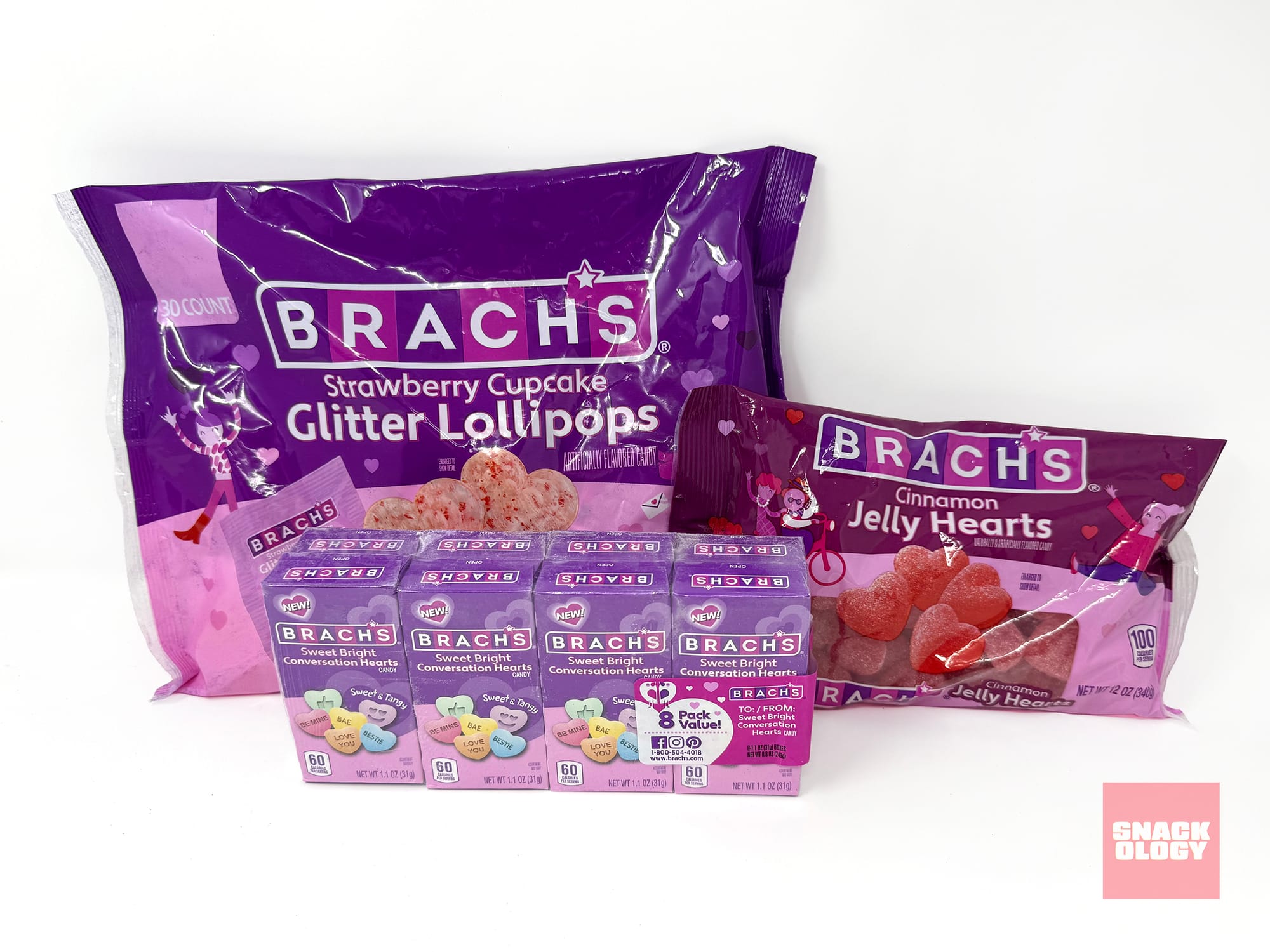 Brach’s Sweet Bright Conversation Hearts, Brach’s Cinnamon Jelly Hearts and Brach’s Strawberry Cupcake Glitter Lollipops