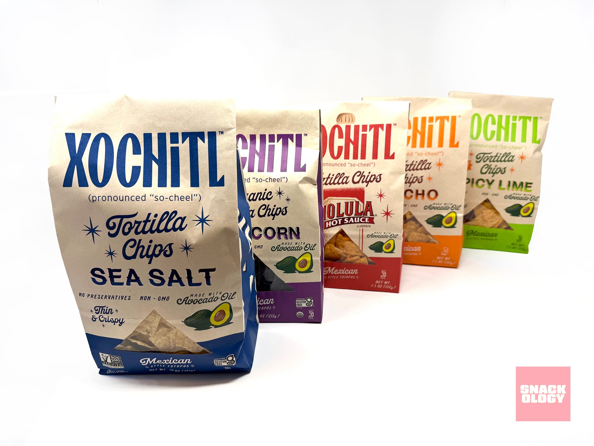 Xochitl Sea Salt Tortilla Chips, Xochitl Organic Blue Corn Tortilla Chips, Xochitl Cholula Hot Sauce Tortilla Chips, Xochitl Nacho Tortilla Chips and Xochitl Spicy Lime Tortilla Chips