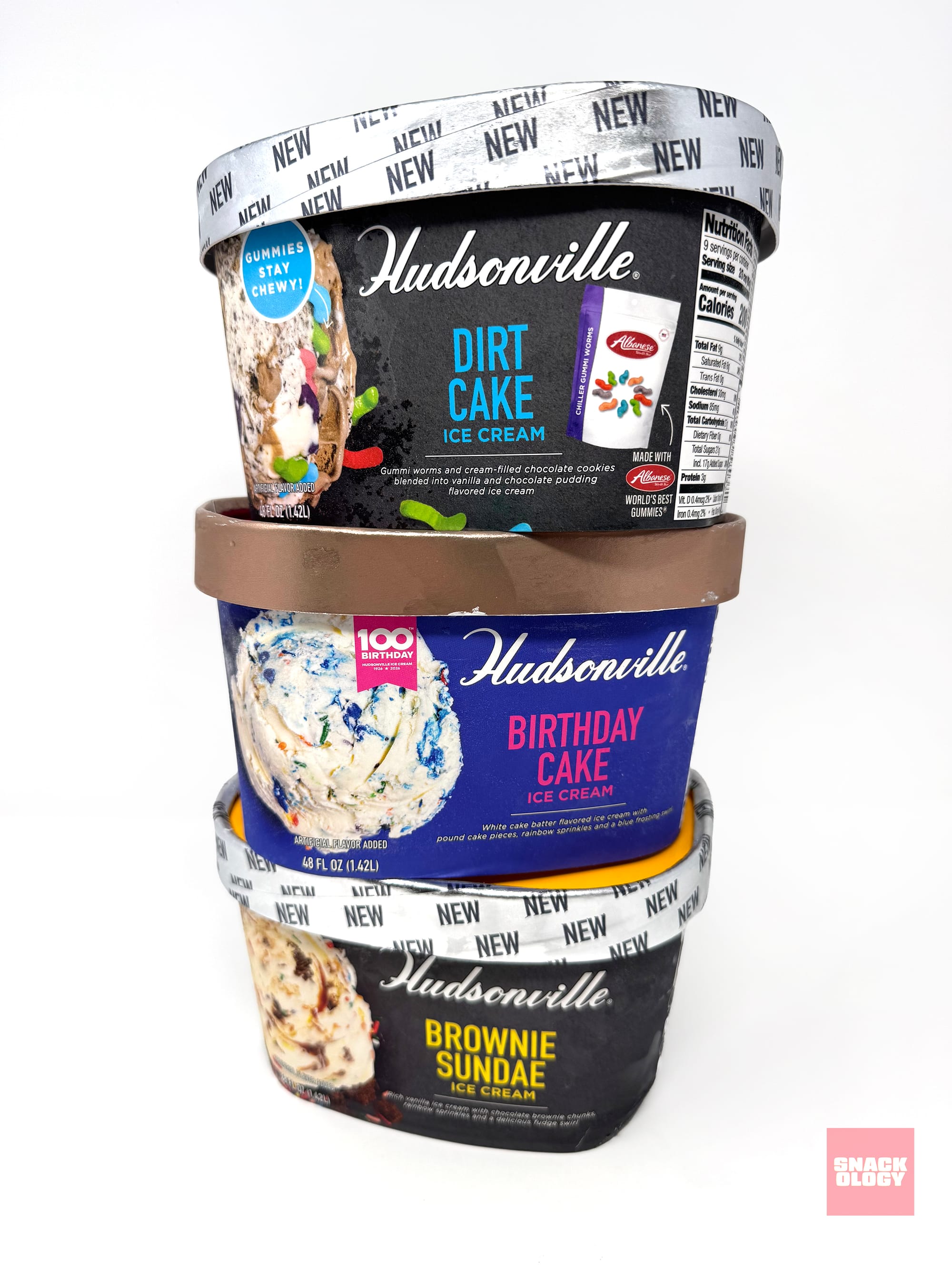 Hudsonville Dirt Cake Ice Cream, Hudsonville Birthday Cake Ice Cream and Hudsonville Brownie Sundae Ice Cream
